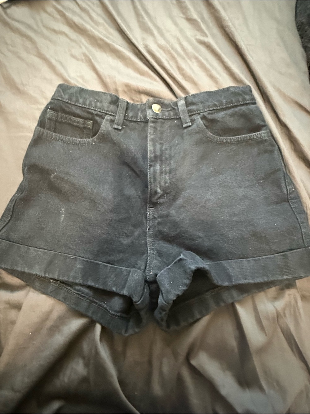 American Apparel Black High-Waist Cuffed Denim Shorts